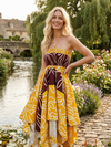 Yellow Printed Bohemian Recycled Silk Halter Dress for Women S/M