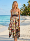 Women’s Beige Black Boho Beach Dress – Flowy Bohemian Summer Maxi Dress S/M