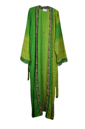 Bohemian Kimono Robe, Boho Recycled Silk Robe, Green Patterned Boho Jacket L-2X