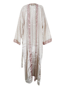  White Pink Kimono Robe, Duster, Bohemian Beachwear, Morning Robe, Beach Cover Up L-2X