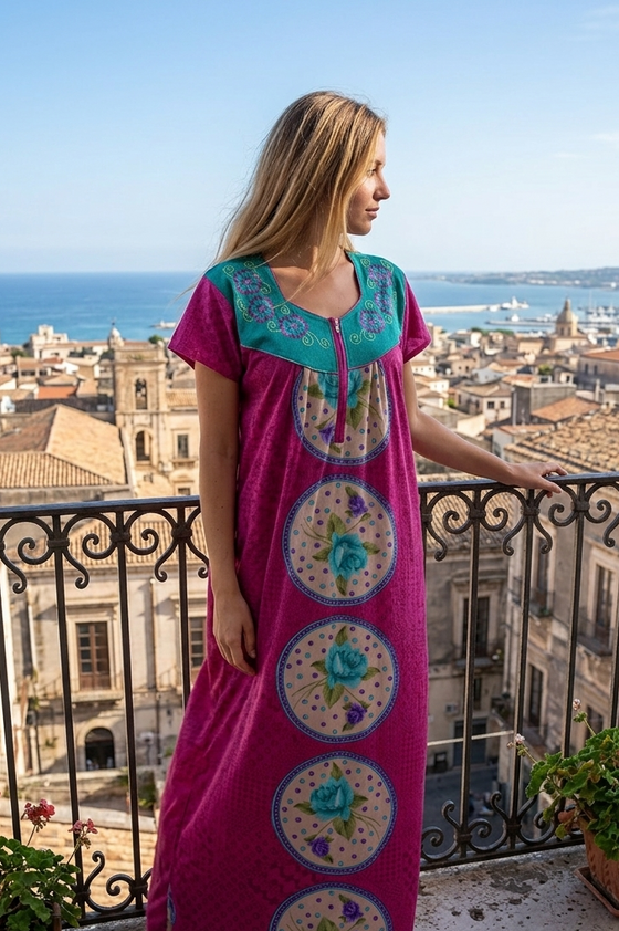 Pink & Blue Floral Maxi Dress Nightgown – Boho House Dress, Soft Printed for Women L