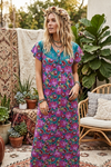Blue & Pink Floral Maxi Dress Sleepwear – Soft Printed Nightdress & Boho Loungewear L