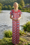 Boho Caftan Maxi Dress – Red & Blue Floral Print | Women's Loose Flowy Long Dress XL