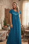 Teal Blue Floral Printed Maxi Lounger Dress for Women – Loose Flowy Long Dress M