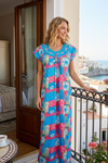 Women's Blue Floral Printed Maxi Dress | Loose-Fit Sleepwear & Loungewear Gown  L