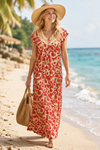 Red Yellow Floral Printed Caftan Maxi Dress for Women | Boho Resort Wear, M