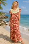 Red Yellow Floral Printed Caftan Maxi Dress | Bohemian Resort Wear for Women M