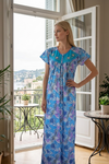 Women's Blue Printed Nighty Maxi Dress – Loose Fit Caftan Night Wear for Women M