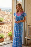 Blue Printed Caftan Maxi Dress Short Sleeve Sleepwear for Women – Loose Fit Nighty Gown L