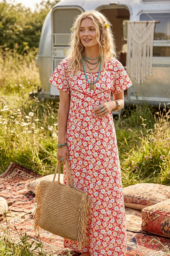 boho style long dresses Monaco bohemian dress with lace and ruffles, 3/4 sleeves it features a button Boho Maxi Dress | Boho