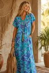 Loose Blue Caftan Maxi Dress | Summer Resort Wear & Elegant Nightgown  L