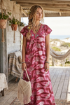 Red Pink Floral Maxi Caftan Dress | Boho Loose-Fit Lounge, Resort & Patio Dress M