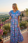 Boho Blue Pink Floral Caftan Maxi Dress | Flowy Resort & Lounge Wear  S/M