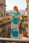 Blue White Floral Printed Maxi Dress – Short Sleeve Boho Chic Women's Dress  L