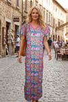 Pink Blue Boho Rose Maxi Lounger Dress | Women's Floral Bohemian Nightgown  L