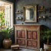 Antique Whitewashed Cabinet with Hand-Painted Floral Rosette Carved Doors