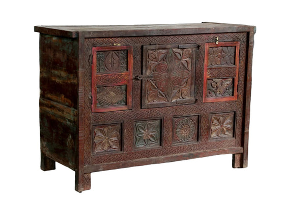 Antique Farmhouse Sideboard Carved Rustic Wood Chest Ranch Decor 53x38