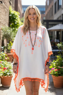  Boho Caftan Short Dress – Loose White Beach Dress with Orange Tassels
