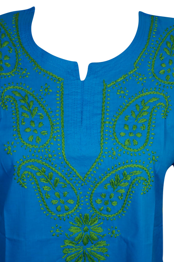 Sea Blue Boho Tunic – Hand-Embroidered Coastal Cotton Short Tunic S