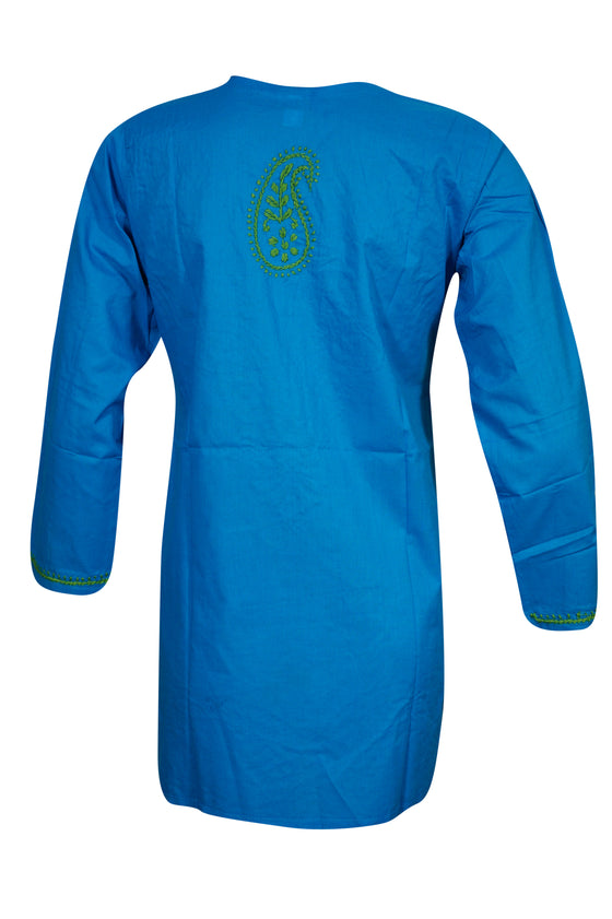 Sea Blue Boho Tunic – Hand-Embroidered Coastal Cotton Short Tunic S