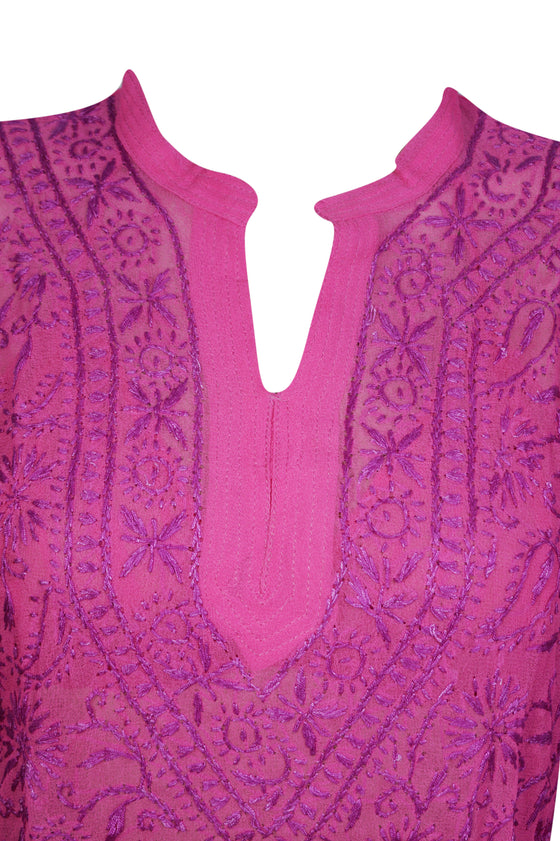 Dark Pink Tunic – Hand-Embroidered Georgette Short Tunic Dress S