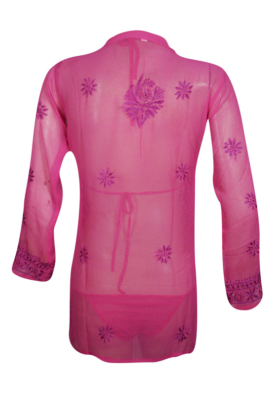 Dark Pink Tunic – Hand-Embroidered Georgette Short Tunic Dress S