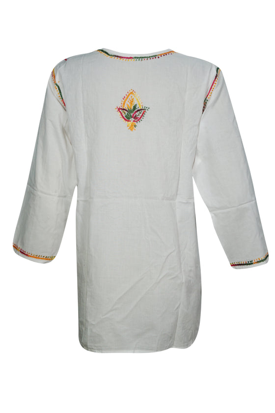 White Boho Tunic – Colorful Hand-Embroidered Coastal Cotton Short Tunic XS