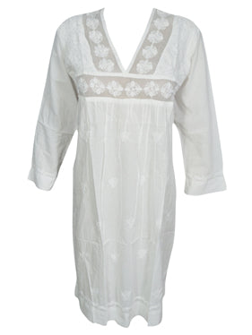 Womens Tunic Dress, White Cotton Floral Embroidered Beach Cover up, S