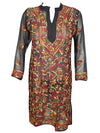 Womens Tunic Dress, Black Multicolor Embroidered Georgette Cover Up Dress L