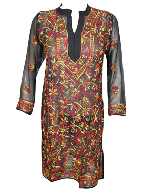 Womens Tunic Dress Black Multicolor Embroidered Georgette Cover Up Dress L