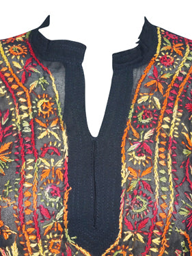 Womens Tunic Dress Black Multicolor Embroidered Georgette Cover Up Dress L