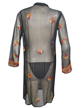 Womens Tunic Dress Black Multicolor Embroidered Georgette Cover Up Dress L