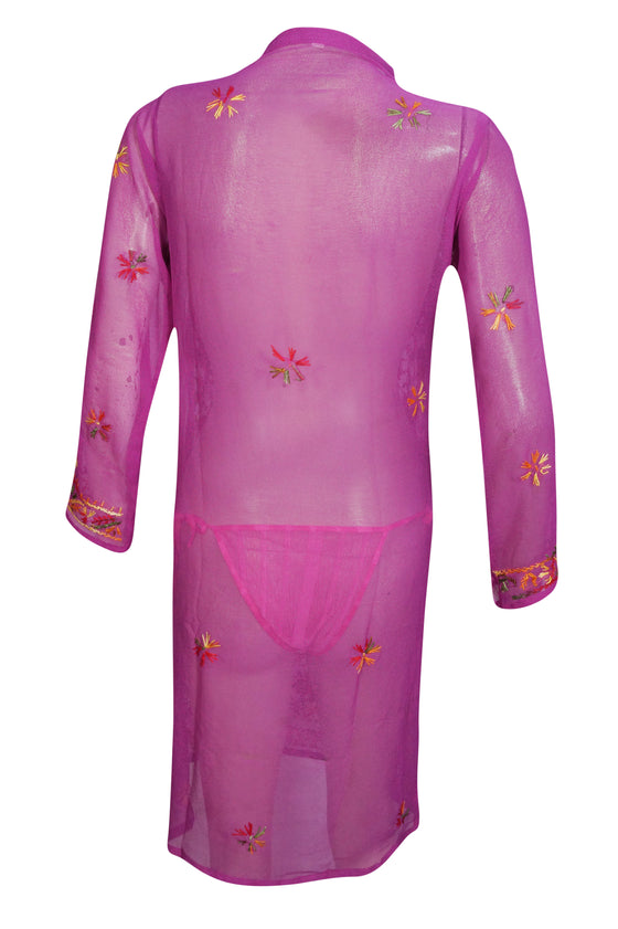 Boho Blossom Tunic– Pink Floral Hand-Embroidered Georgette Beach Tunic Dress XS