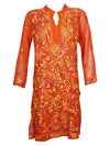 Womens Long Tunic Dress, Orange Embroidered Sheer Georgette Tunic Dresses XS