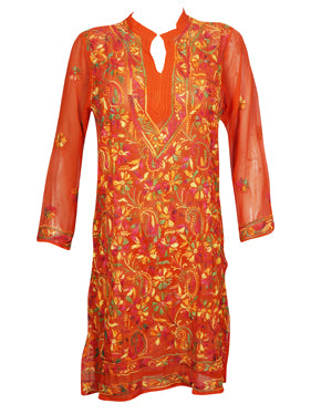 Womens Long Tunic Dress, Orange Embroidered Sheer Georgette Tunic Dresses XS