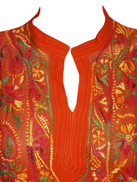 Womens Long Tunic Dress, Orange Embroidered Sheer Georgette Tunic Dresses XS