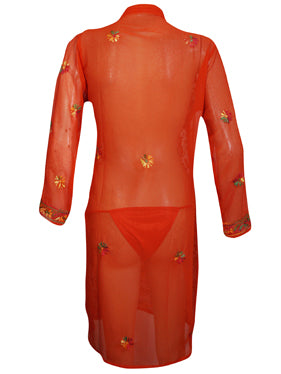 Womens Long Tunic Dress Orange Embroidered Sheer Georgette Tunic Dresses XS