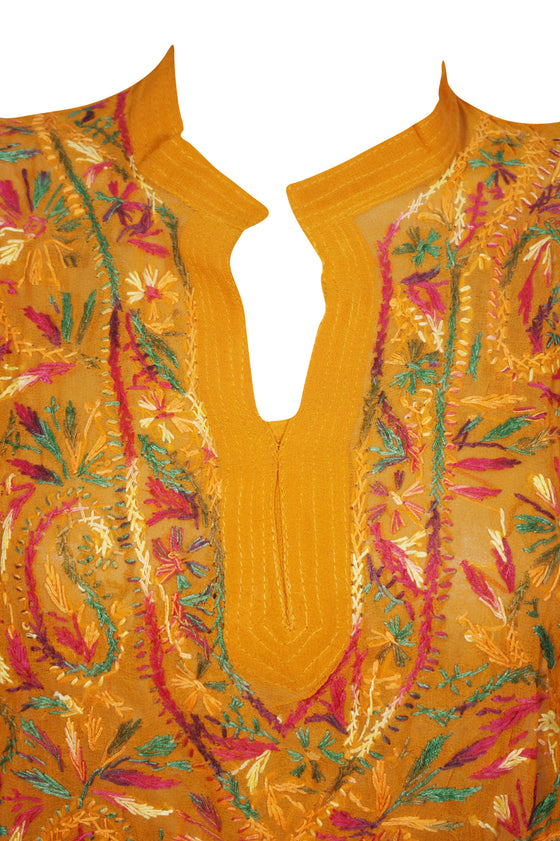 Boho Tunic– Sunset Orange Floral Hand-Embroidered Georgette Beach Tunic Dress XS