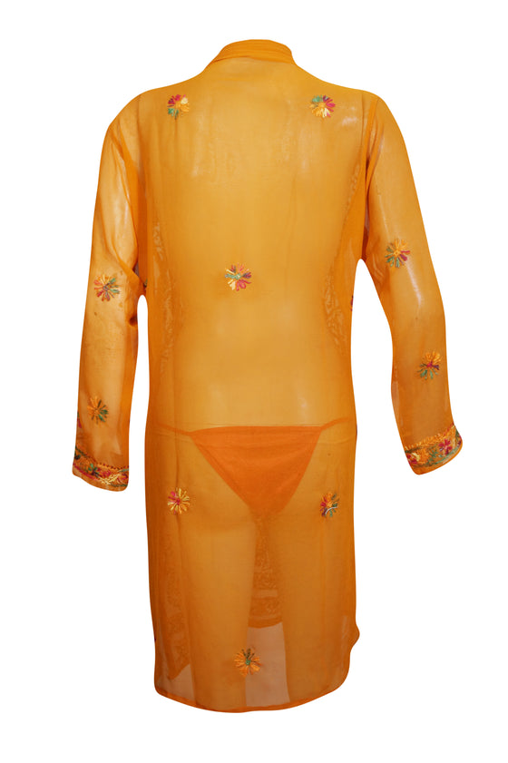 Boho Tunic– Sunset Orange Floral Hand-Embroidered Georgette Beach Tunic Dress XS