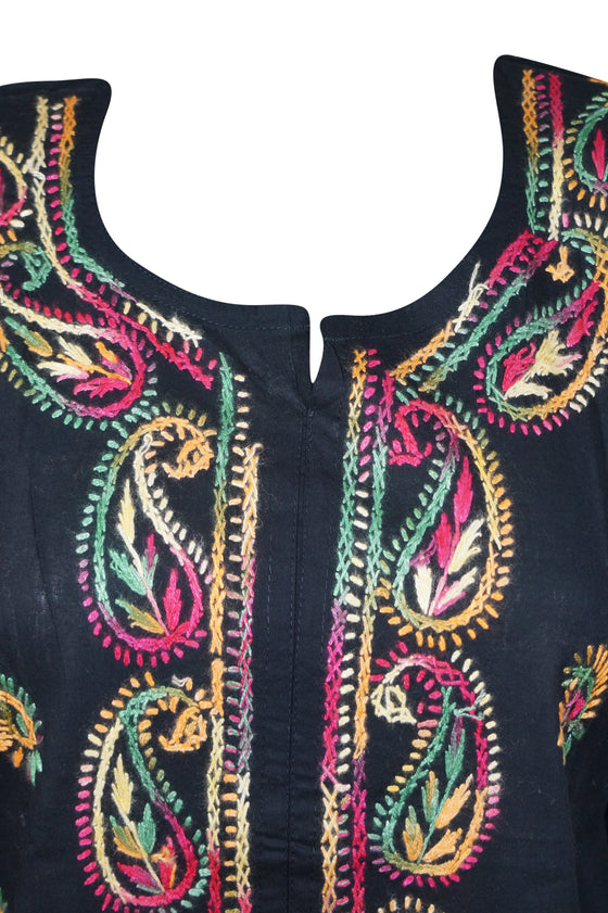 Boho Black Summer Tunic Midnight Muse with Beach Cover Up Embroidery Kurti L