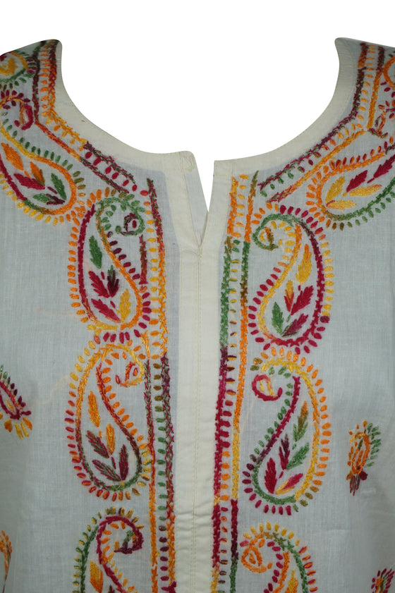 White Cotton Boho  Lightweight Summer Tunic with Handcrafted Beach Cover Up L