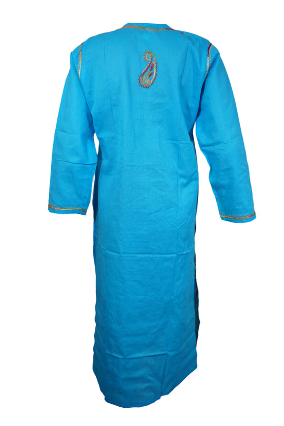 Coastal Charm in Sea Blue – Hand-Embroidered Boho Cotton Tunic Cover-up Kurti L