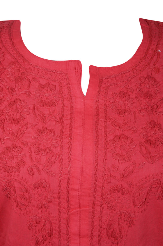 Red Boho Cotton Tunic Embroidered Summer Beach Cover-Up L