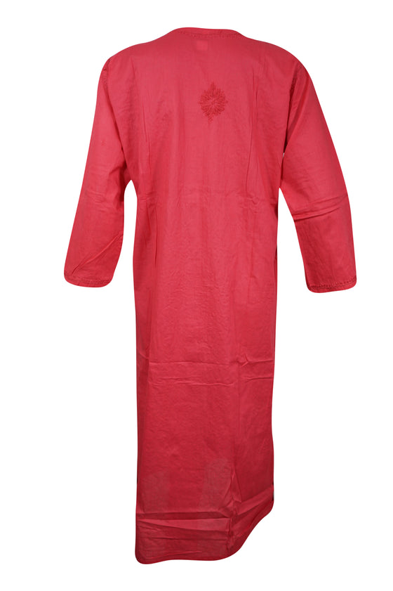 Red Boho Cotton Tunic Embroidered Summer Beach Cover-Up L