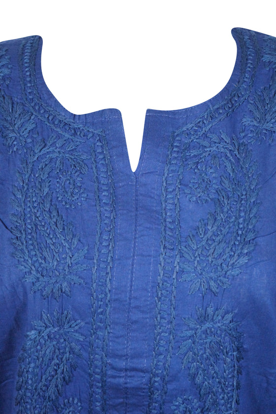 Cool Navy Summer – Boho Cotton Kurti with Delicate Embroidered Accents L