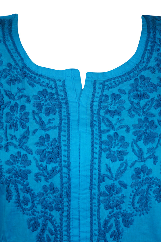 Sea Blue Boho Cotton Kurti Hand-Embroidered Summer Tunic Beach Cover-Up L