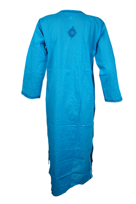 Sea Blue Boho Cotton Kurti Hand-Embroidered Summer Tunic Beach Cover-Up L