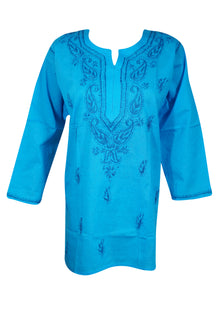  Sea Blue Coastal Charm – Hand-Embroidered Boho Cotton Short Kurti L