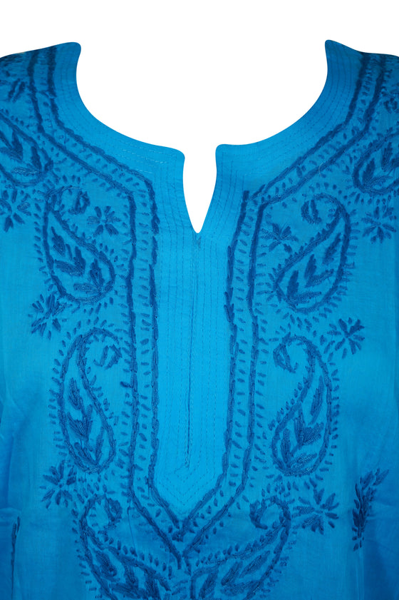 Sea Blue Coastal Charm – Hand-Embroidered Boho Cotton Short Kurti L