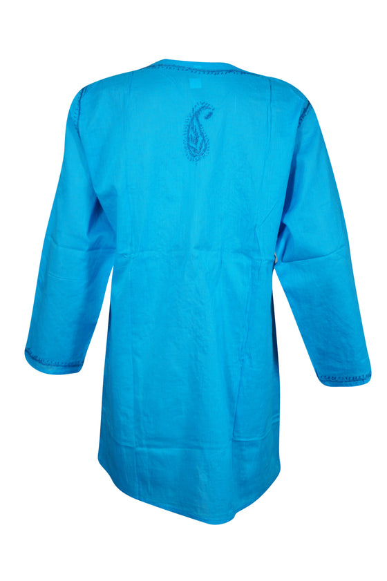 Sea Blue Coastal Charm – Hand-Embroidered Boho Cotton Short Kurti L